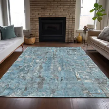 9' X 12' Denim Blue And Gray Abstract Washable Indoor Outdoor Area Rug