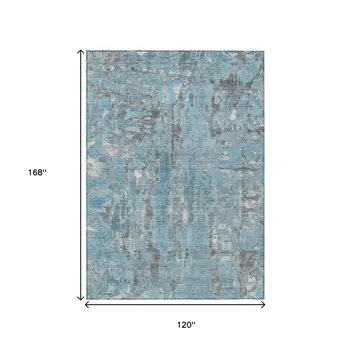 10' X 14' Denim Blue And Gray Abstract Washable Indoor Outdoor Area Rug