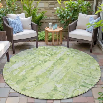 8' Lime Green And Ivory Round Abstract Washable Indoor Outdoor Area Rug