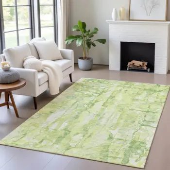 8' X 10' Lime Green And Ivory Abstract Washable Indoor Outdoor Area Rug