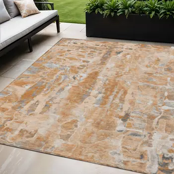 5' X 8' Orange And Gray Abstract Washable Indoor Outdoor Area Rug