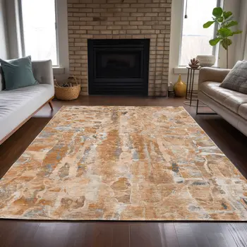 5' X 8' Orange And Gray Abstract Washable Indoor Outdoor Area Rug