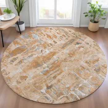 8' Orange And Gray Round Abstract Washable Indoor Outdoor Area Rug
