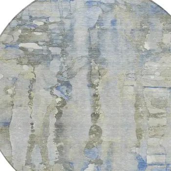 8' Sky Blue And Gray Round Abstract Washable Indoor Outdoor Area Rug