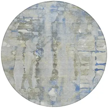 8' Sky Blue And Gray Round Abstract Washable Indoor Outdoor Area Rug