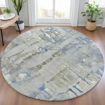 8' Sky Blue And Gray Round Abstract Washable Indoor Outdoor Area Rug