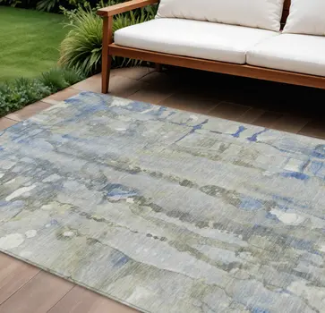 9' X 12' Sky Blue And Gray Abstract Washable Indoor Outdoor Area Rug