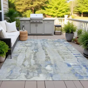 9' X 12' Sky Blue And Gray Abstract Washable Indoor Outdoor Area Rug