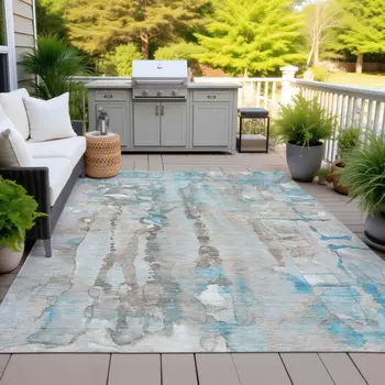 8' X 10' Teal Blue And Ivory Abstract Washable Indoor Outdoor Area Rug