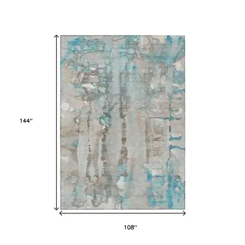 9' X 12' Teal Blue And Ivory Abstract Washable Indoor Outdoor Area Rug