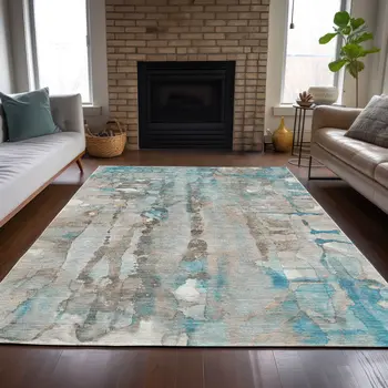 9' X 12' Teal Blue And Ivory Abstract Washable Indoor Outdoor Area Rug