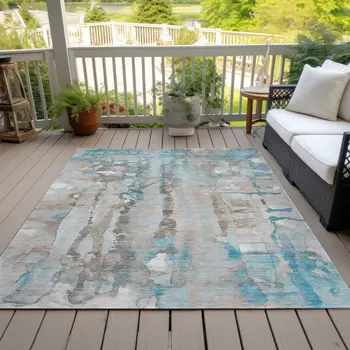 10' X 14' Teal Blue And Ivory Abstract Washable Indoor Outdoor Area Rug