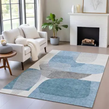 5' X 8' Denim Blue And Gray Abstract Washable Indoor Outdoor Area Rug