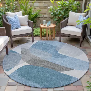 8' Denim Blue And Gray Round Abstract Washable Indoor Outdoor Area Rug