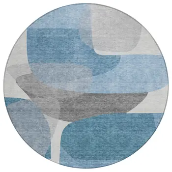 8' Denim Blue And Gray Round Abstract Washable Indoor Outdoor Area Rug