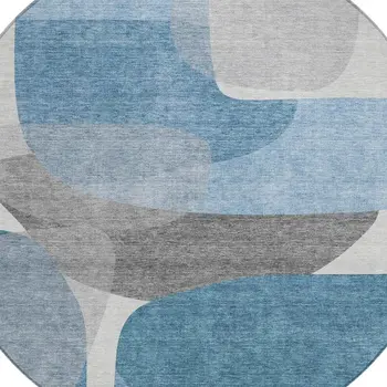 8' Denim Blue And Gray Round Abstract Washable Indoor Outdoor Area Rug