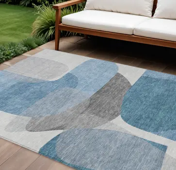 8' X 10' Denim Blue And Gray Abstract Washable Indoor Outdoor Area Rug
