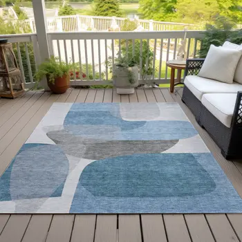 8' X 10' Denim Blue And Gray Abstract Washable Indoor Outdoor Area Rug