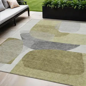 5' X 8' Fern Green And Gray Abstract Washable Indoor Outdoor Area Rug