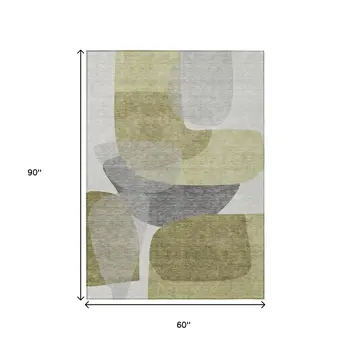 5' X 8' Fern Green And Gray Abstract Washable Indoor Outdoor Area Rug
