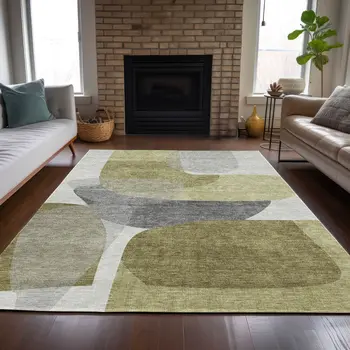5' X 8' Fern Green And Gray Abstract Washable Indoor Outdoor Area Rug