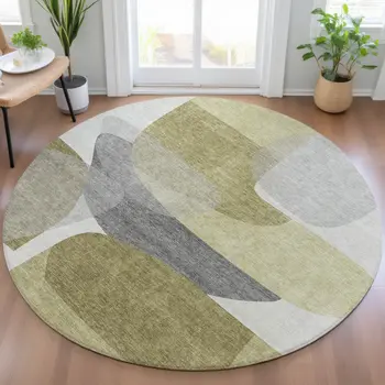 8' Fern Green And Gray Round Abstract Washable Indoor Outdoor Area Rug