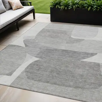 5' X 8' Linen And Gray Abstract Washable Indoor Outdoor Area Rug