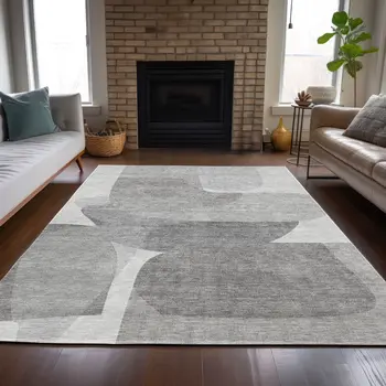 5' X 8' Linen And Gray Abstract Washable Indoor Outdoor Area Rug