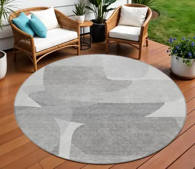 8' Linen And Gray Round Abstract Washable Indoor Outdoor Area Rug