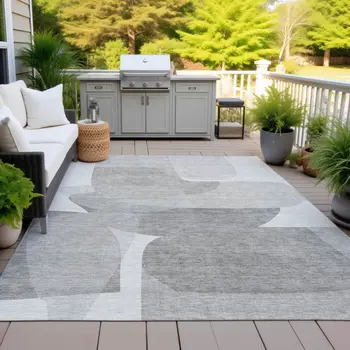 8' X 10' Linen And Gray Abstract Washable Indoor Outdoor Area Rug