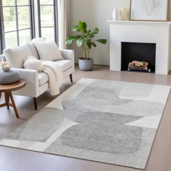 8' X 10' Linen And Gray Abstract Washable Indoor Outdoor Area Rug