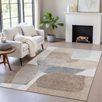 10' X 14' Brown And Gray Abstract Washable Indoor Outdoor Area Rug