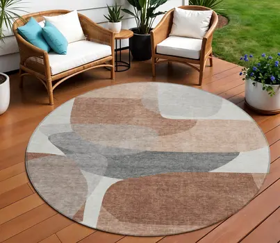 8' Rust And Gray Round Abstract Washable Indoor Outdoor Area Rug
