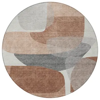 8' Rust And Gray Round Abstract Washable Indoor Outdoor Area Rug