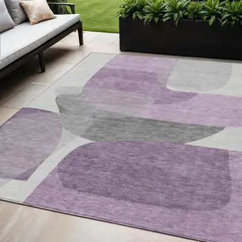 5' X 8' Purple And Gray Abstract Washable Indoor Outdoor Area Rug