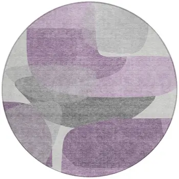 8' Purple And Gray Round Abstract Washable Indoor Outdoor Area Rug