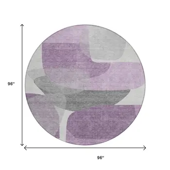 8' Purple And Gray Round Abstract Washable Indoor Outdoor Area Rug