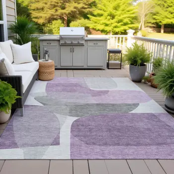 8' X 10' Purple And Gray Abstract Washable Indoor Outdoor Area Rug