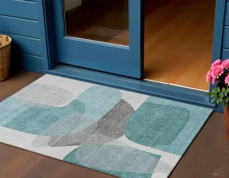 3' X 5' Teal Blue And Gray Abstract Washable Indoor Outdoor Area Rug