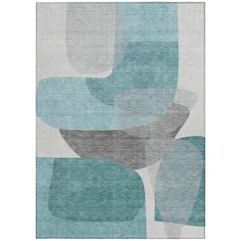 3' X 5' Teal Blue And Gray Abstract Washable Indoor Outdoor Area Rug