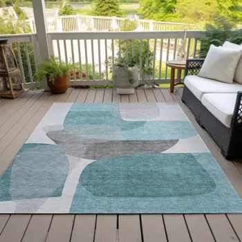 3' X 5' Teal Blue And Gray Abstract Washable Indoor Outdoor Area Rug