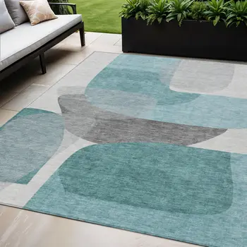 5' X 8' Teal Blue And Gray Abstract Washable Indoor Outdoor Area Rug