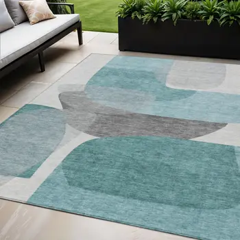 5' X 8' Teal Blue And Gray Abstract Washable Indoor Outdoor Area Rug