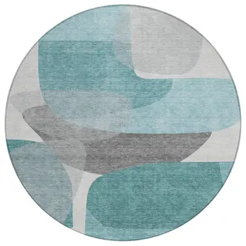 8' Teal Blue And Gray Round Abstract Washable Indoor Outdoor Area Rug