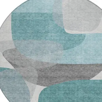 8' Teal Blue And Gray Round Abstract Washable Indoor Outdoor Area Rug
