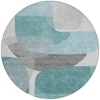 8' Teal Blue And Gray Round Abstract Washable Indoor Outdoor Area Rug
