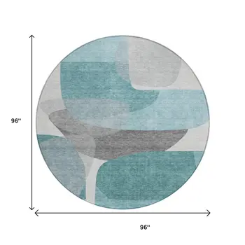 8' Teal Blue And Gray Round Abstract Washable Indoor Outdoor Area Rug