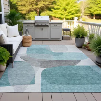 9' X 12' Teal Blue And Gray Abstract Washable Indoor Outdoor Area Rug