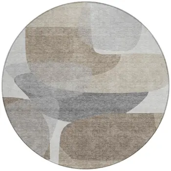 8' Taupe And Gray Round Abstract Washable Indoor Outdoor Area Rug