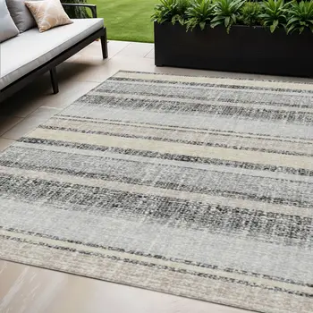 5' X 8' Black And Silver Striped Washable Indoor Outdoor Area Rug